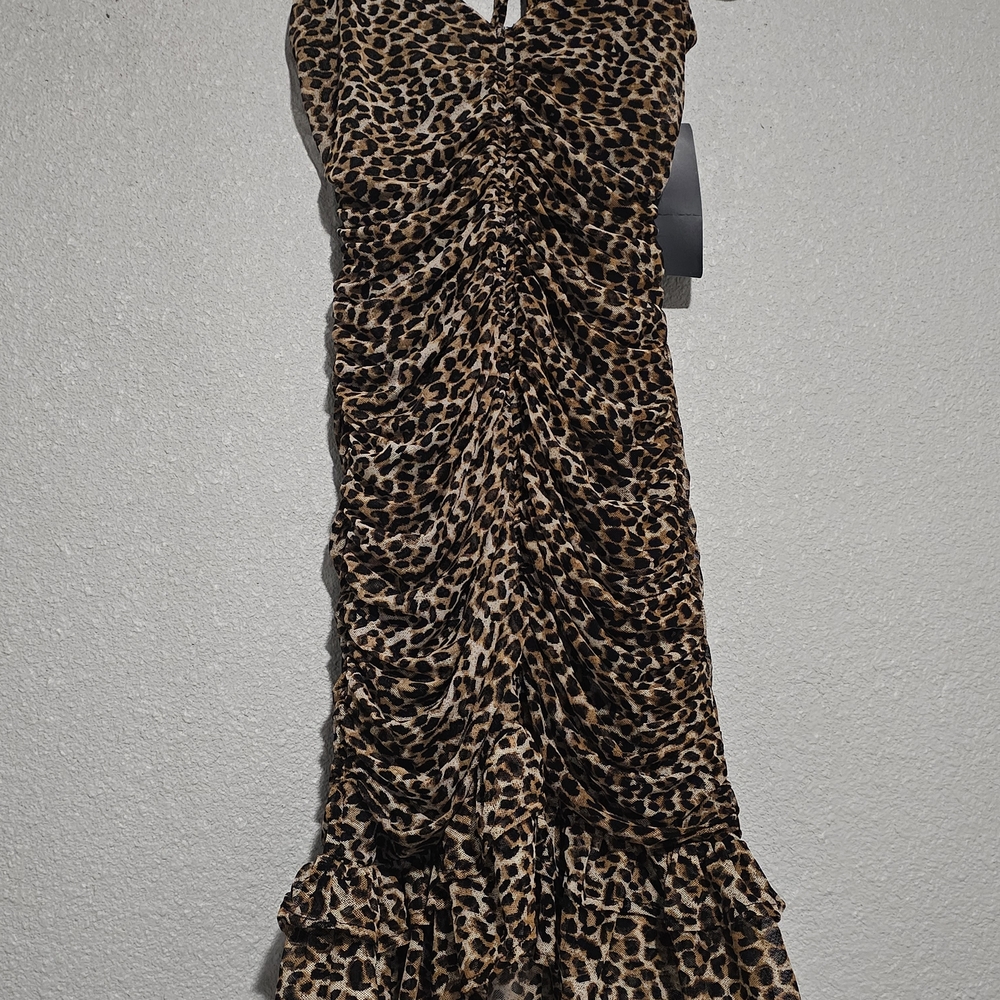 Ruched Leopard-Print Midi Dress in Brown/Black